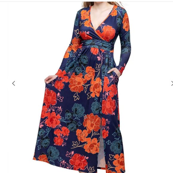 24 Seven Maxi Dress  Navy Multi Floral Size Large Stretch Knit Comfort NWT - Picture 2 of 5